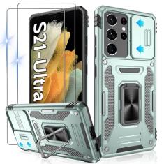 Gritup Capa ultrafina para Galaxy-S21 com capa deslizante para câmera + [2 protetores de tela HD], suporte giratório de metal 360°, capa protetora à prova de choque de grau militar para Samsung S21