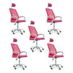 Kit 5 Cadeiras Escritório Diretor Tela Mesh Com Encosto De Cabeça Rosa