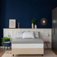 Cama Box Solteiro Bege com Colchão Guldi Dream Mola Ensacada (30x88x188) e 1 Travesseiro Guldi Dream Branco e Azul