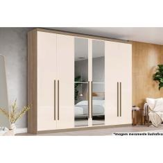 Guarda Roupa Casal Jade 6 Portas de Abrir 3 Gavetas MDF-MDP com Espelho Rústico-Off White Henn