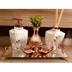Kit Lavabo Rose Gold Branco 6 Peças Difusor Sabonete Bandeja