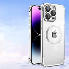 Estojo sem moldura transparente galvanizado para iPhone 14 Pro Max 12 13 Pro Max 14 Plus Capa magnética de carregamento sem fio, transparente, para iPhone 12