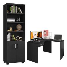 Mesa para Computador Gávea com Gaveta e Extensora e Livreiro Office com Portas Pequenas Preto Trama - Móveis Leão