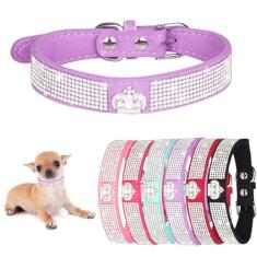 Teleyi Coleira de cachorro, coroa XS coleira para cães strass deslumbrante cintilante couro macio coleira de gato diamante cristal coleira de cachorro de estimação pequeno grande PPP roxo