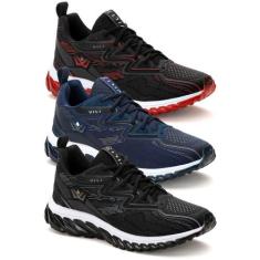 Kit 3 Pares Tênis Masculino Esportivo Academia Caminhada Vili, Preto, 