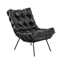 Poltrona Decorativa Sala de Estar Costela Base Preta Couro Preto G34 -