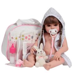 Boneca Reborn Bebê Cabelos Castanhos Enxoval Completo Bolsa - Cegonha 