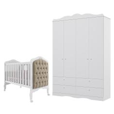 Jogo De Quarto Infantil Guarda Roupa Encanto E Berço Harmonia Branco Com Capitonê - Permóbili Baby Branco