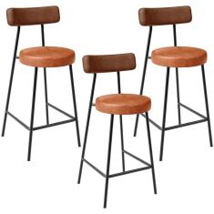 Kit 03 Banquetas Baixa Cozinha Sala Jantar Bancada Milão L02 Couríssimo Marrom Camel - Lyam Decor