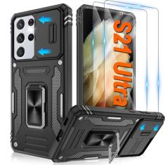 ATUMP Capa para Samsung Galaxy S21 Ultra com [2 unidades] protetor de tela HD com capa deslizante para câmera, anel de rotação de 360° com suporte [grau militar] capa protetora à prova de choque para