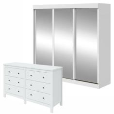 Conjunto de Guarda-Roupa 3 Portas 3 Gavetas Saion Plus Super Glass e Cômoda 6 Gavetas Maggiore New Branco