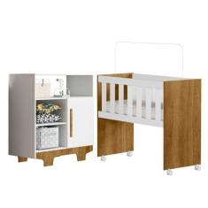 Quarto de Bebê com Mini Berço com Colchão 5 em 1 Ariel e Cômoda 1 Porta 3 Prateleiras Flocos Branco/Madeirado Ypê