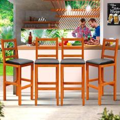 Conjunto 4 Banquetas Para Balcão Madeira Maciça Assento Estofado Preto Gal Shop JM