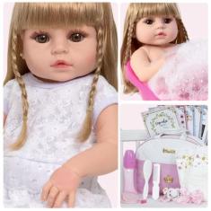 Boneca Reborn Loira Siliconada Olhos Castanhos Vários Itens - Cegonha 