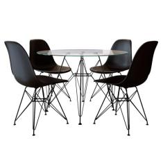 Mesa Jantar Eames de Ferro Preto Tampo Redondo Vidro  110cm 4 Cadeiras