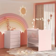 Quarto de Bebê Doce Sonho com Cômoda 777 e Berço Simples 1 Qmovi Rosa Acetinado + Colchão Gazin