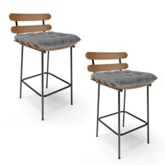 Kit 02 Banquetas Linho Base Metálica Preto A26 Grafite - DROSSI