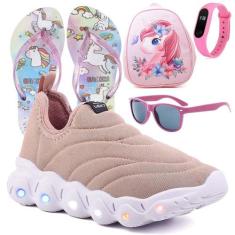 Tenis Infantil De Led Calce Facil Elastico Meninas Feminino + Mochila 