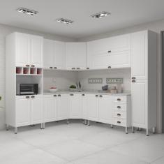 Armário De Cozinha Completa 10 Peças Com Tampos E Espaço Para Micro-ondas Cristal Luciane Móveis Branco Polar Com Branco Pet E Marmore