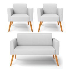 Sofá Namoradeira com 2 Poltronas Pés Palito Castanho Marisa Linho Cinza A05 D03 - D'Rossi