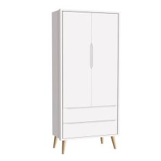 Guarda Roupa Infantil Theo 2 Portas 2 Gavetas Branco Acetinado com Pés Madeira Natural