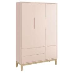 Guarda Roupa Infantil New Classic 3 Portas 2 Gavetas MDF Rosa Com Pés Madeira Natural Reller Móveis