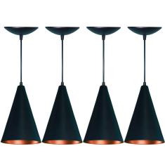 Kit 4 Pendentes Cone em Alumínio  Preto Fosco e Cobre
