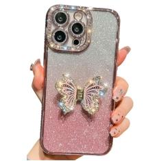 Kwhapoo Capa luxuosa Bling compatível com iPhone 14 Pro de 6,1 polegadas, linda capa de suporte de borboleta de diamante com glitter, capas protetoras de silicone macio à prova de choque para mulheres