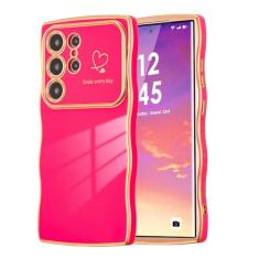 ZTOFERA Capa para Samsung Galaxy S23 Ultra 5G de 6,8 polegadas, linda moldura ondulada encaracolada com padrão de coração de amor, borda banhada de luxo, proteção total para câmera, à prova de choque,