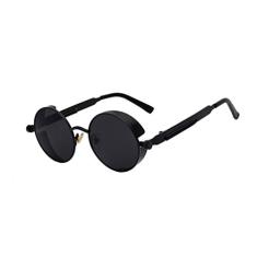 Óculos de Sol Redondo Detalhes Parafusos e Molas com Proteção Lateral Steampunk Vintage Retro Masculino Feminino Escuro Proteção UV400 Preto