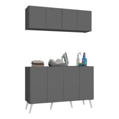 Conjunto Lavanderia Retrô Multiuso Armário Aéreo e Balcão 4 Portas Multimóveis Mp5053 Grafite/branco