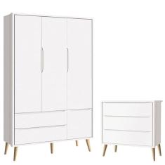 Cômoda Gaveteiro Infantil e Guarda Roupa 3 Portas Theo Branco Acetinado Pés Madeira Natural – Reller