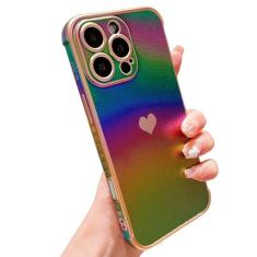 PHYLLA Capa de telefone para iPhone 16 Pro 5g 16.0 cm luxuosa chapeada coração fofo iridescente arco-íris capa protetora a laser proteção da câmera silicone macio à prova de choque lateral elegante