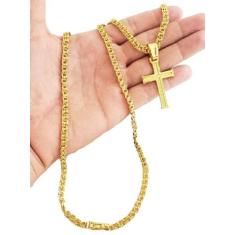 Cordão Banhado A Ouro 18K Friso Duplo 5Mm Com Pingente Cruz - Mk Jóias
