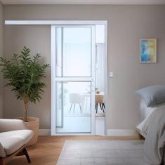 Porta de Correr Suspensa de Aluminio 215x100cm com Vidro Temperado Branco