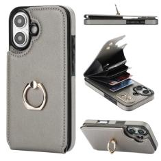 Folosu Compatível com capa carteira para iPhone 16 com suporte para cartão, suporte de anel de dedo de rotação de 360°, suporte, proteção de couro com bloqueio de RFID, botões duplos, à prova de