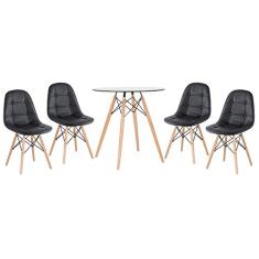 Loft7, Kit Mesa de vidro Eames 70 cm + 4 cadeiras estofadas Eiffel Botonê preto