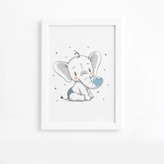Quadro Elefante e Coração Azul Moldura Branca 33x43cm