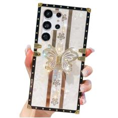 Kwhapoo Linda capa feminina compatível com Samsung Galaxy S24 Ultra 17.3 cm Stand Girly, Bling Glitter Pearl Diamond Butterfly Kickstand Case, capas de silicone macio à prova de choque para mulheres