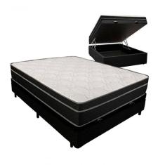 Cama Box Baú Casal 138 Tecido Sintético Preto Com Colchão Paris De Molas Ensacadas Preto 67x138x188