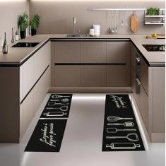 Jogo Tapete Cozinha Preto Algodão Antiderrapante 3 Peças Frase Marfim