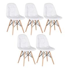 Loft7, Kit 5 Cadeiras Charles Eames Eiffel, Assento Estofado Botonê, Pés Em Madeira Clara E Elegante Versátil Sala De Jantar Cozinha Cafeteria Quarto, Branco