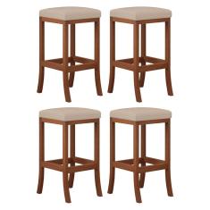 Kit 4 Banquetas Alta Estofada Barcelona 38x74Cm Bancada Bar Madeira Maciça Castanho Suede Bege - CCS