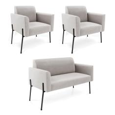 Sofá Namoradeira 2 Poltronas Pé de Ferro Preto Marisa Veludo Cinza D03 - D`Rossi