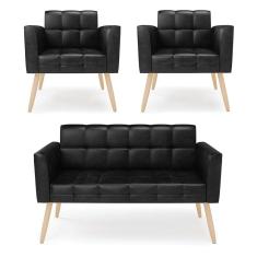 Kit 1 Sofá Namoradeira E 2 Poltronas Elisa Corano Pés Palito Natural - D`rossi Cor Preto