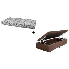 Cama Box Baú Solteiro 88 - Tecido Sintético Marrom Com Colchão Nápoles Bello Box - 100% Espuma - D33 Branco 55x88x188
