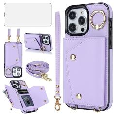 Capa de telefone para iPhone 15 Pro 6,1 polegadas capa carteira com protetor de tela e suporte de anel slot para cartão de crédito alça transversal celular iPhone15Pro 5G i i-Phone i15 iPhone15 15Pro