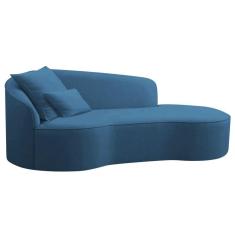 Divã Recamier Curvo Sala De Estar Recepção Inglaterra 150cm Lado Direito Linho Azul Royal