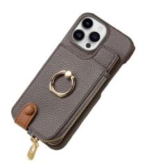 Carteira de couro com zíper com porta-cartão capa de telefone para iPhone 13 12 Mini 15 14 11 Pro Max XS XR X 7 8 Plus Ring Kickstand Cover, cinza, para iPhone 13 Pro