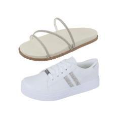 Kit Papete + Tênis Casual Brilho Prata Bellinda Shoes, Off white, Prat